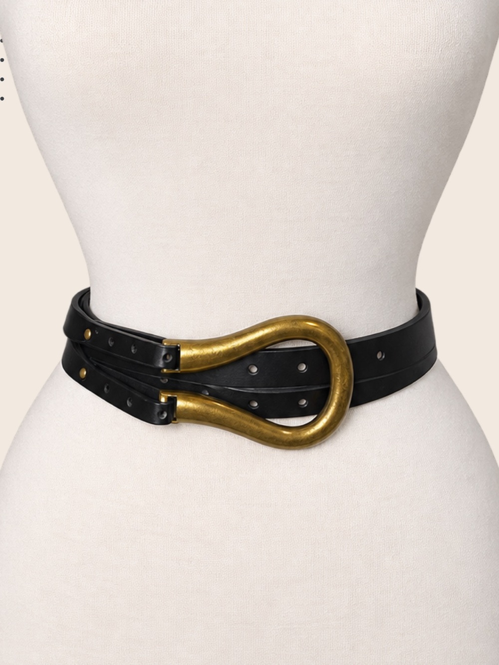 Black Double Strap Statement Belt Gold Horseshoe Buckle Adjustable Boho Western